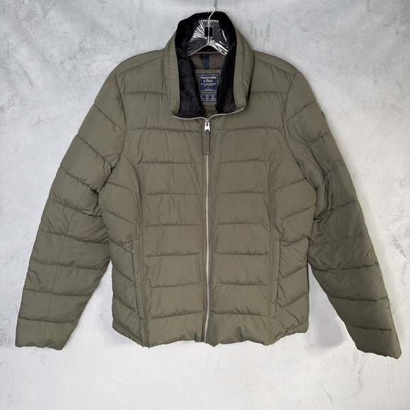 Abercrombie & Fitch Jackets & Blazers - Abercrombie & Fitch Mens L Puffer Jacket Olive Green Faux Fur Collar Packable